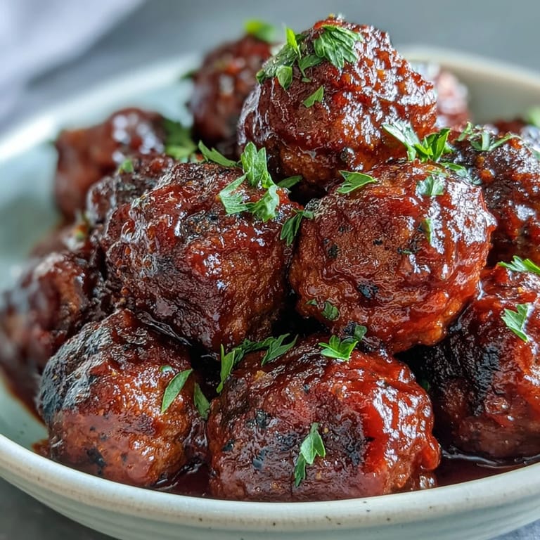 Savory meatballs in grape jelly and chili sauce simmer, filling the kitchen with sweet-tangy aroma.  
