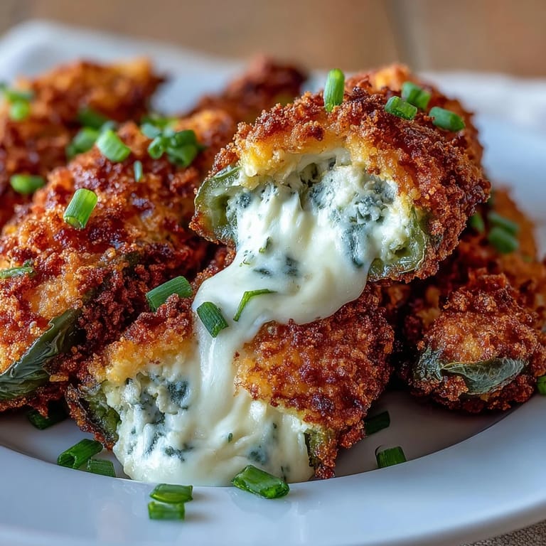 Close-up of Air Fryer Jalapeño Poppers showing bubbly cheese and golden, crunchy tops on fresh peppers.