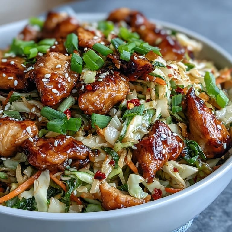 Colorful Egg Roll Bowls with Chicken and Cabbage are plated with juicy chicken, crisp veggies, and chili crisp drizzle for a satisfying, low-carb dinner.