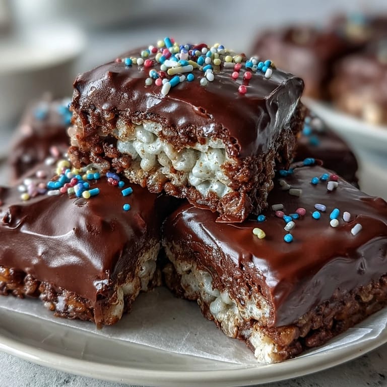 Chocolate Covered Rice Krispy Treats on a white plate, rich chocolate topping drizzled over the crunchy cereal, ready to serve at a party.