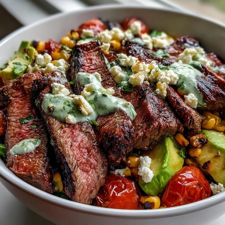 Steak, Avocado, and Roasted Corn Bowl with Cilantro Cream Sauce highlights tender beef, fresh tomatoes, and a vibrant green topping.