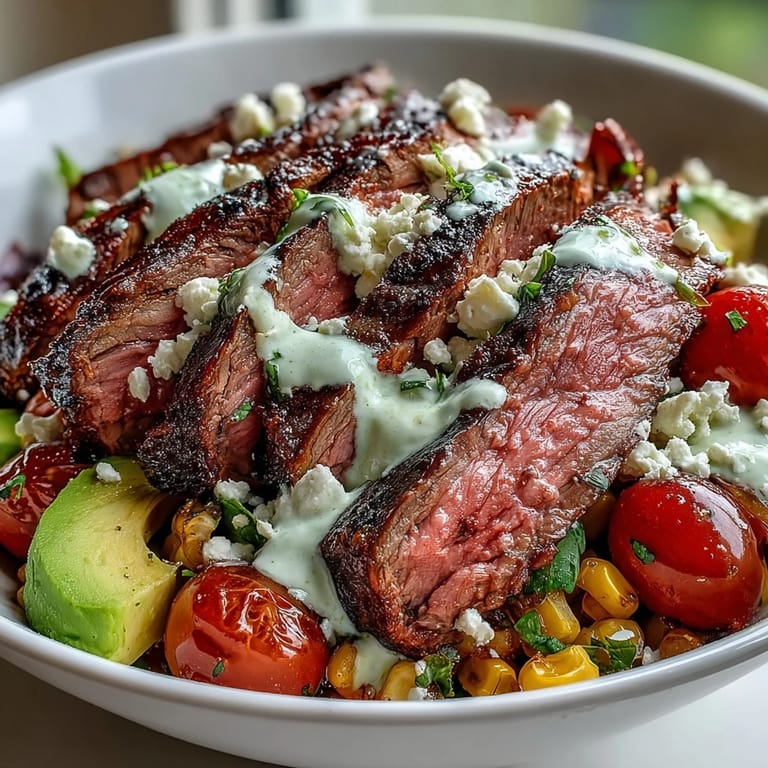 A close-up of the Steak, Avocado, and Roasted Corn Bowl with Cilantro Cream Sauce shows creamy avocado and tangy lime wedges.