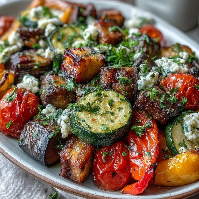 A close-up of feta-topped Roasted Mediterranean Greek Vegetables glistening with olive oil and lemon.