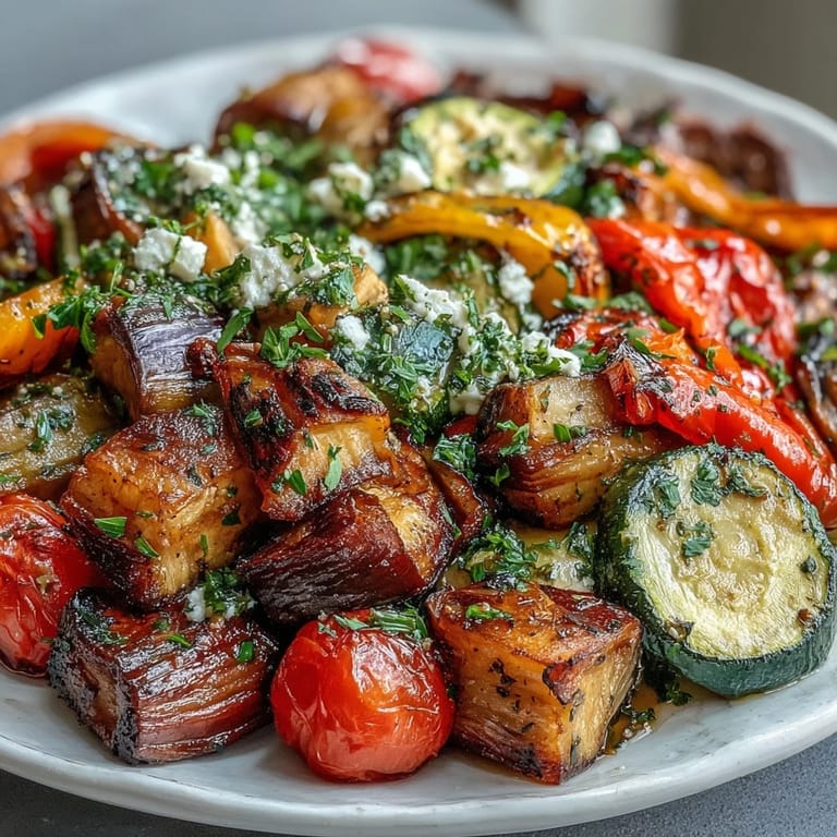 Sizzling Roasted Mediterranean Greek Vegetables plated with parsley and olives, ready for a healthy dinner.