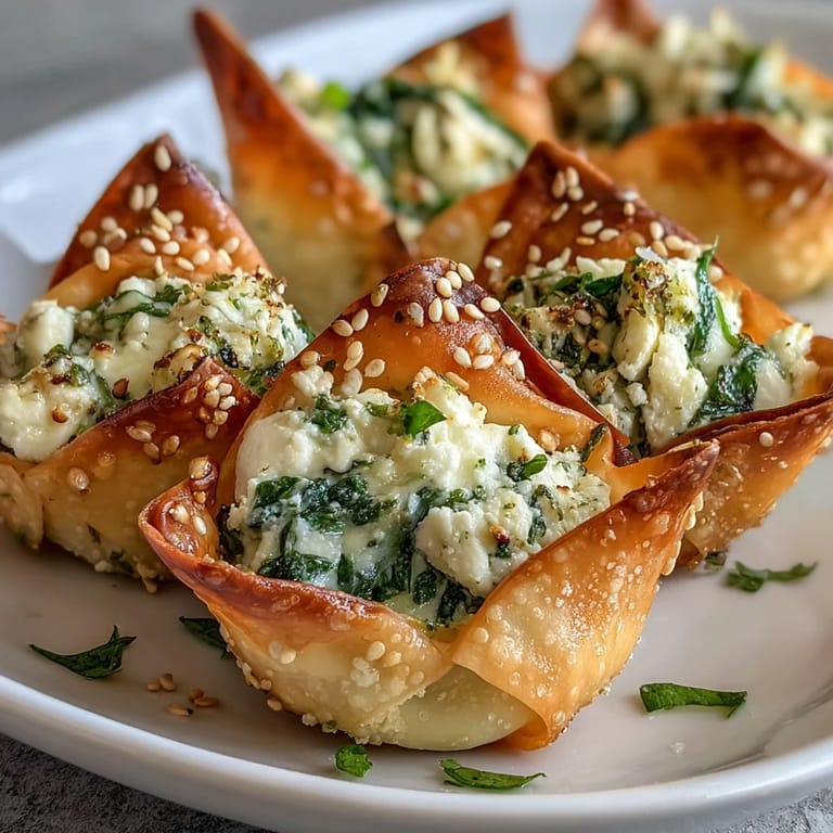 Close-up of a crunchy Mediterranean Spinach and Feta Cheese Crisp revealing wilted spinach and melted feta inside a golden wonton shell.