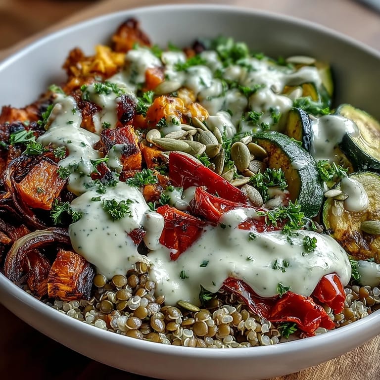 Lentil Power Bowl served warm in a rustic bowl, showcasing colorful roasted sweet potatoes, zucchini, and bell peppers topped with fresh parsley and pumpkin seeds.