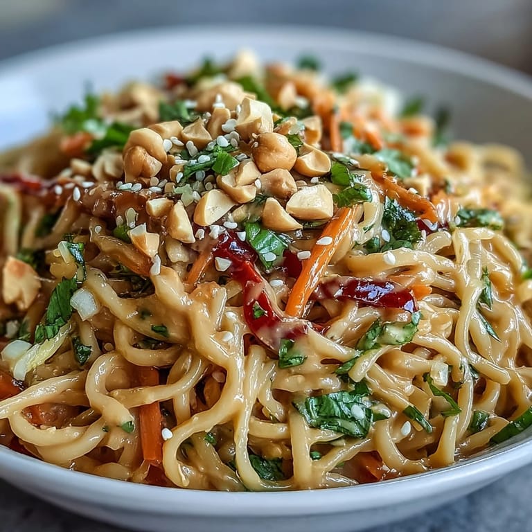 Close-up of chopsticks lifting a bite of Asian Peanut Noodle Bowl, garnished with chopped peanuts and sesame seeds.