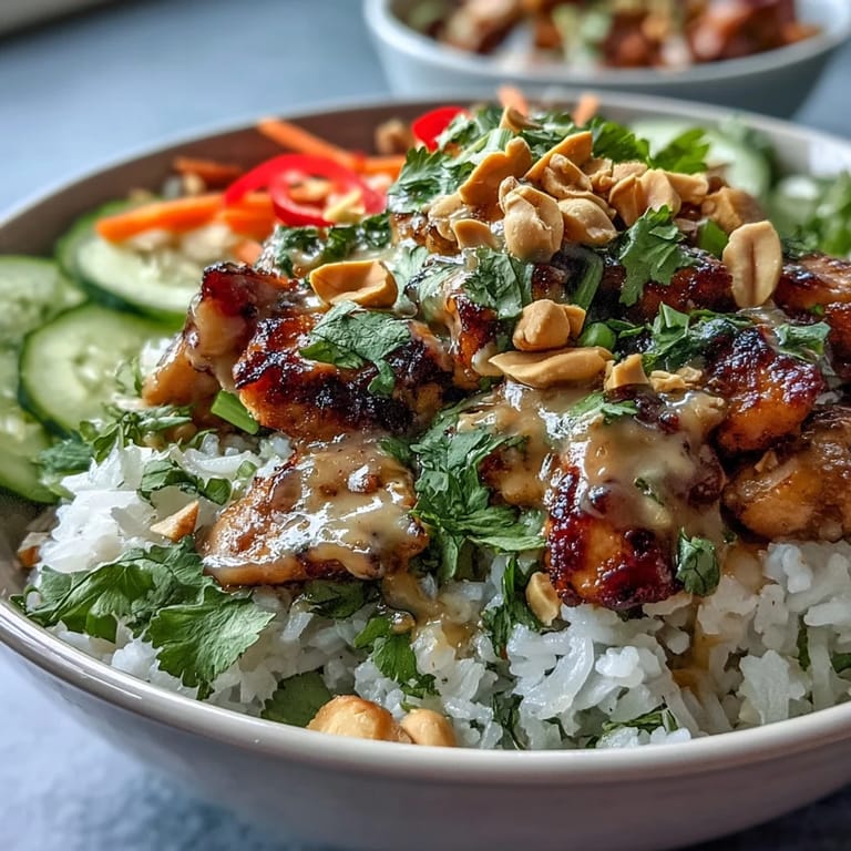 Spicy peanut sauce drizzled over Thai Peanut Chicken Bowl garnished with cilantro, peanuts, and lime wedges.
