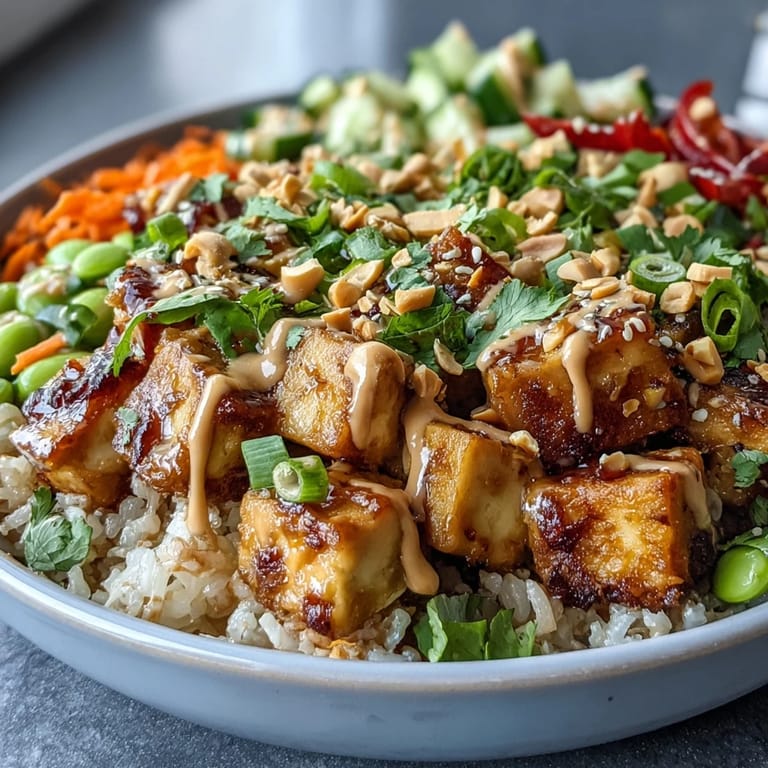 Creamy peanut sauce is drizzled over the assembled plant-based bowl, coating the crisp tofu and bright shredded purple cabbage.
