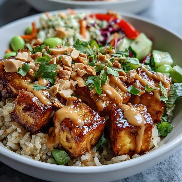 A close-up showcases the finished Peanut Tofu Power Bowl with chopped peanuts and sesame seeds, ready to be eaten with chopsticks.