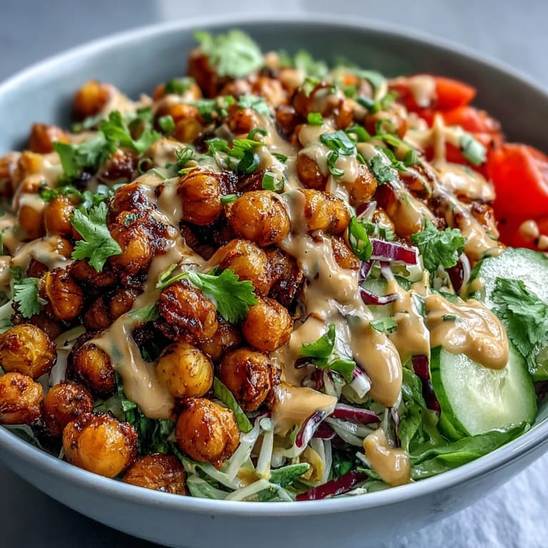 A hearty Peanut Chickpea Protein Bowl with golden roasted chickpeas, crisp veggies, and a generous drizzle of peanut sauce.