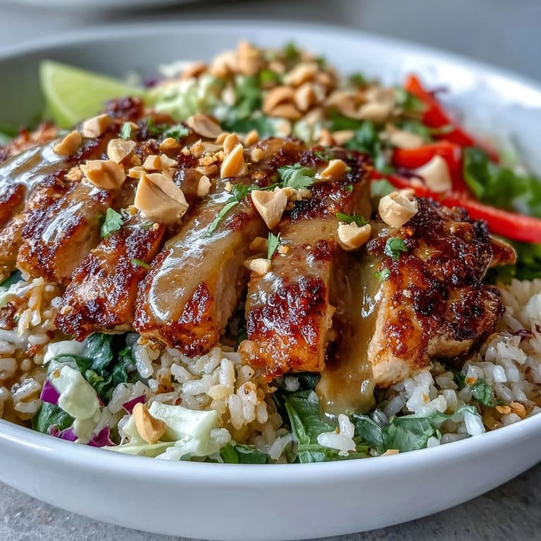 A close-up view of the Peanut Chicken Power Bowl shows crunchy peanuts and fresh cilantro garnish.