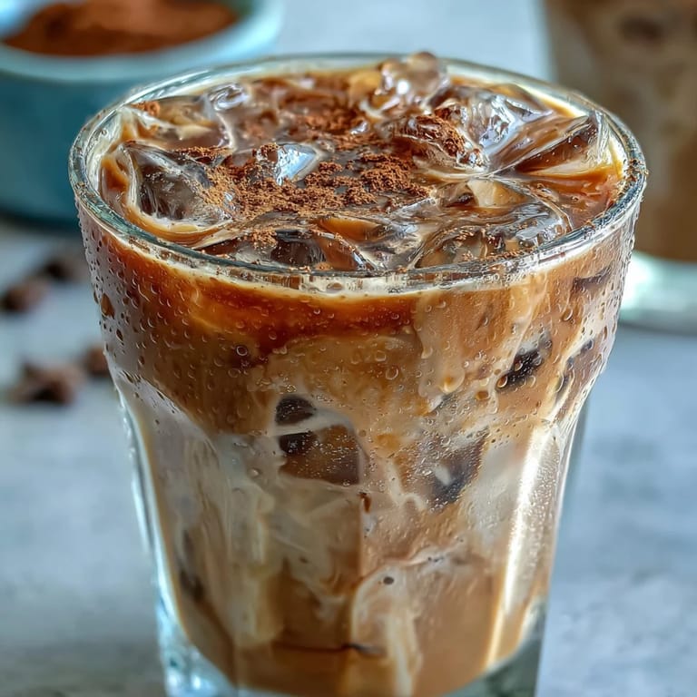Two glasses of chilled Iced Hojicha with Cinnamon garnished with ground spice, ready to enjoy as a refreshing beverage. 