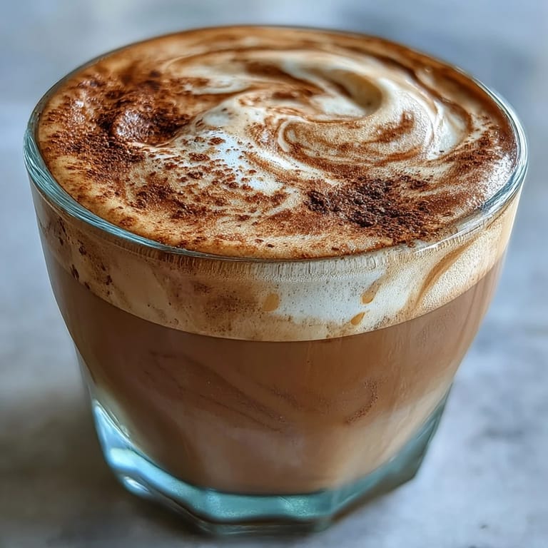 Steam rises from a freshly poured Hojicha Flat White, showing nutty roasted tea blending with frothy milk in a rustic kitchen setting.