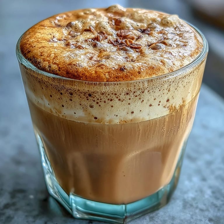 A soothing cup of Japanese Hojicha Macchiato, garnished with a light dusting of cocoa powder, sitting on a rustic wooden table for a cozy café vibe.