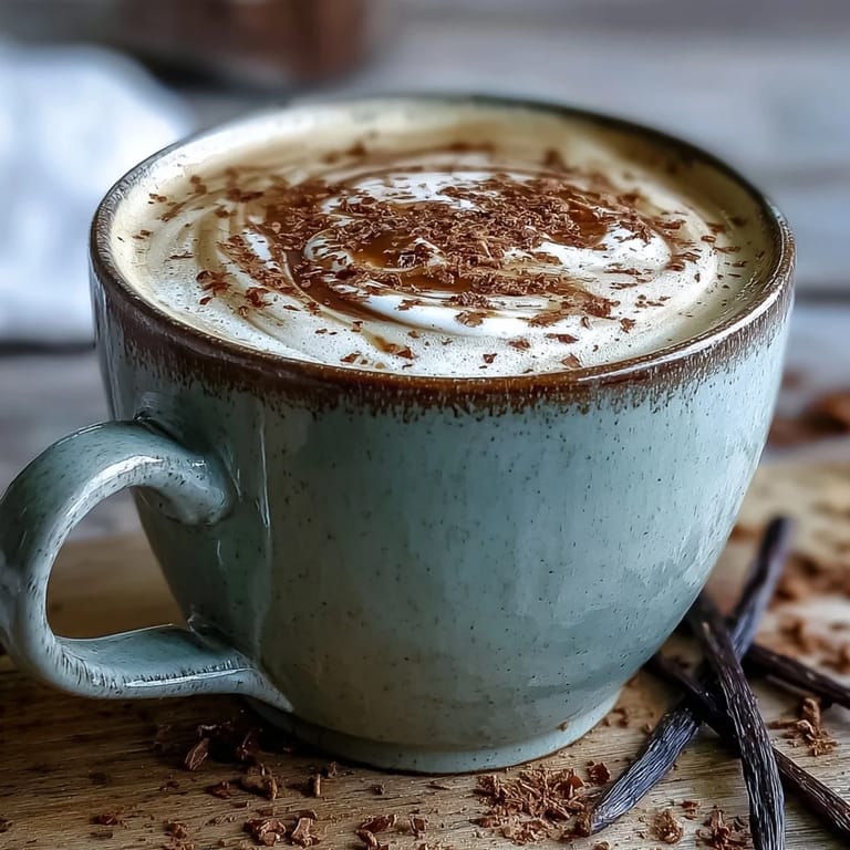 Gentle roasted aroma of Hojicha Latte with Vanilla Extract beside maple syrup and a frothy swan design.
