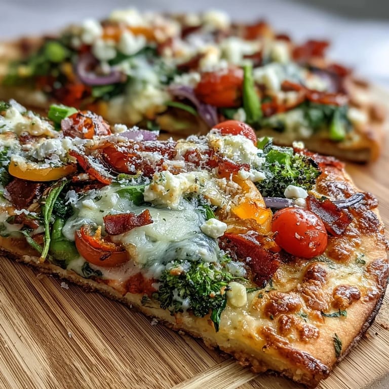 Festive St. Patrick's Day rainbow veggie flatbread pizza featuring a spectrum of fresh vegetables from cherry tomatoes to purple cabbage on a crispy naan base.