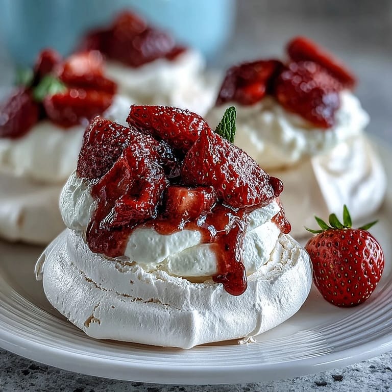 Fluffy whipped cream and ripe strawberries crown these delicate, golden-brown meringue nests in a classic Australian treat.
