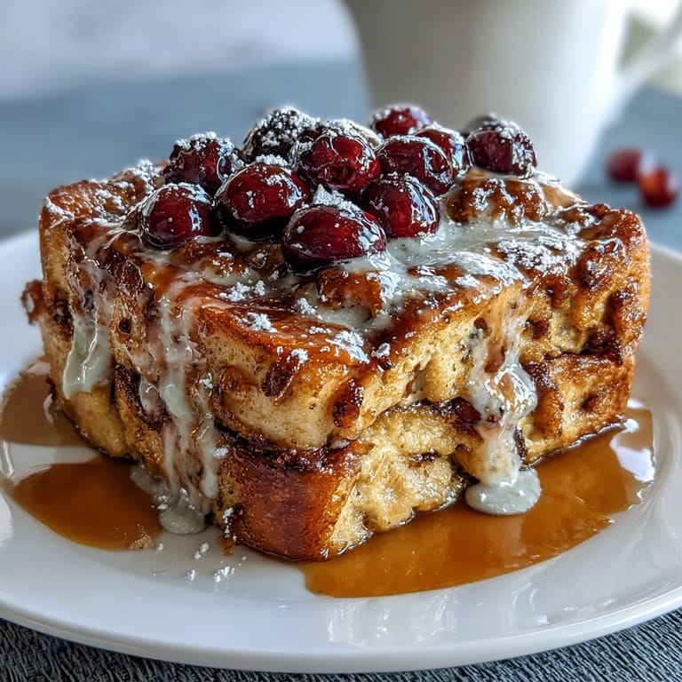 A comforting blueberry pancake casserole baked to golden perfection, served with maple syrup for a classic American breakfast treat.