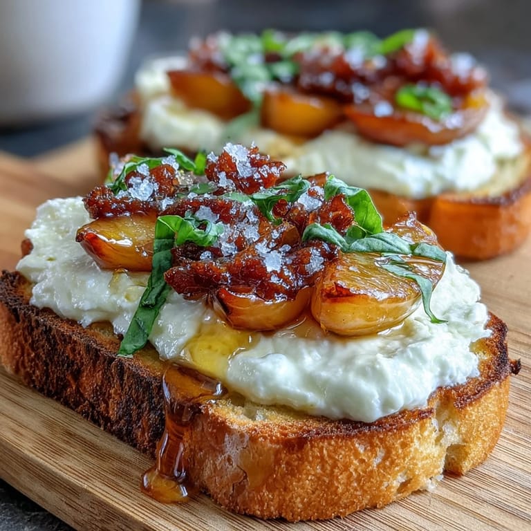 Elegant honey peach burrata toast topped with basil, flaky sea salt, and toasted nuts for a vibrant bite.