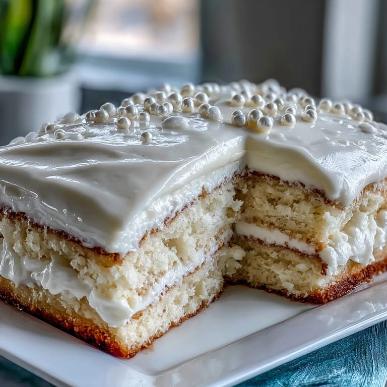 ALT image text: Communion Party Sheet Cake with Pearl Fondant, a moist vanilla sheet cake covered in silky fondant and accented with delicate edible pearls for a special occasion.