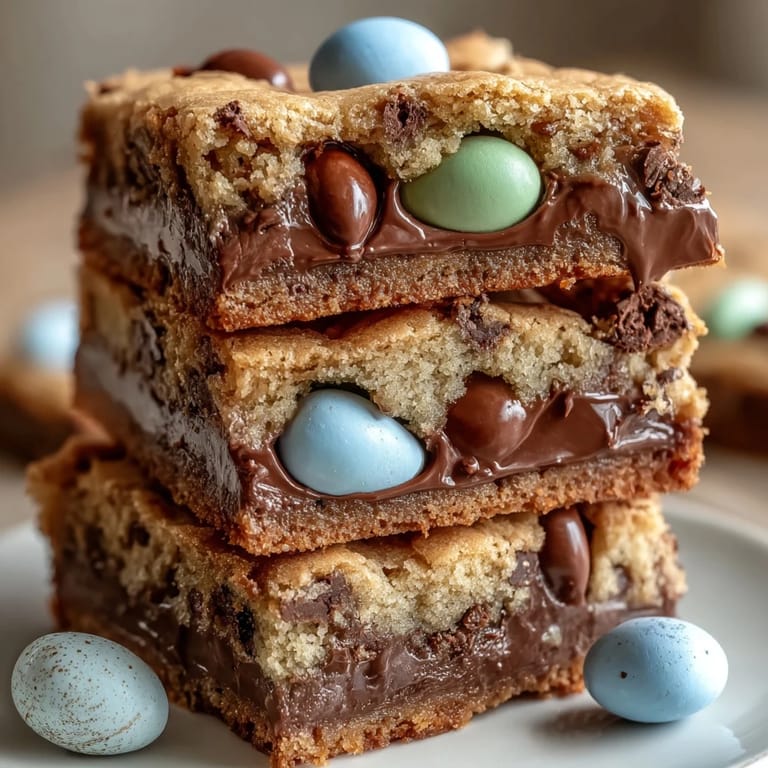 Peanut butter cookie bars loaded with Easter egg candies and melty chocolate chips, perfect for springtime treats.