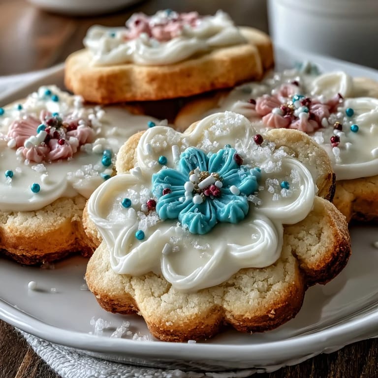 Buttery flower-shaped shortbread cookies decorated with colorful royal icing, offering a sweet and elegant treat for any occasion.
