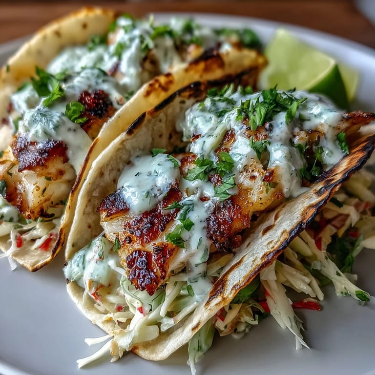 Grilled white fish marinated in coconut milk and lime, topped with vibrant cilantro slaw and creamy coconut lime sauce in soft corn tortillas.