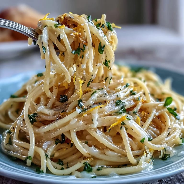 A bowl of Easy Lemon Butter Pasta glistening with silky lemon butter sauce and Parmesan.