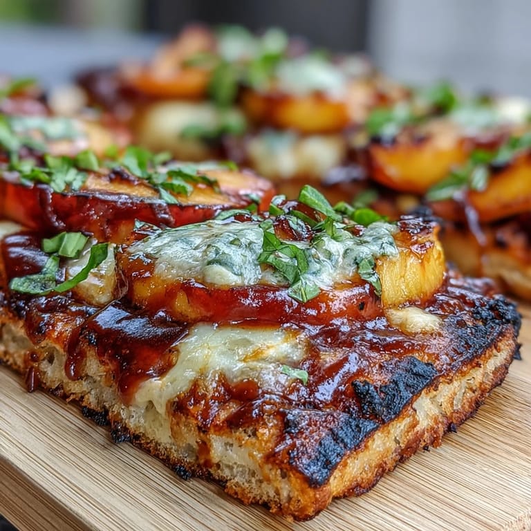 Smoky BBQ peach and Brie flatbread with fresh basil, grilled to golden perfection.