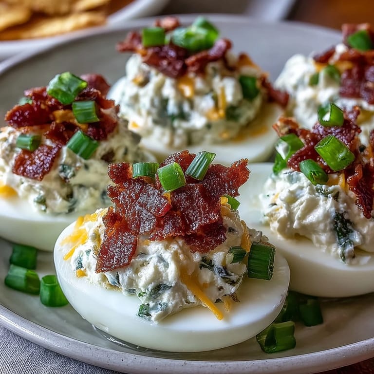 Spicy deviled eggs with jalapeño, smoky bacon, and tangy cream cheese, perfect for parties and appetizers.