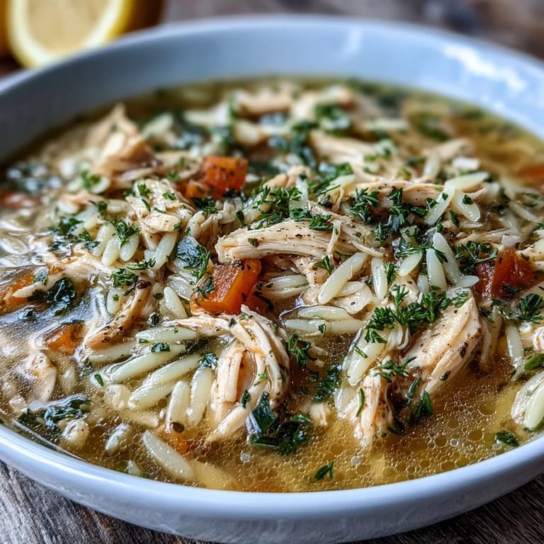 Creamy Greek-style chicken soup with bright lemon flavor, orzo, and vegetables, garnished with fresh dill for a comforting meal.  