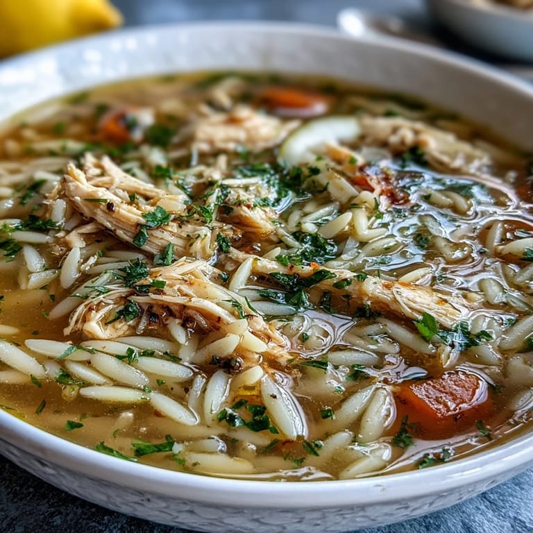Hearty Greek lemon chicken soup featuring juicy chicken, orzo, and aromatic broth, served hot with a sprinkle of fresh parsley.