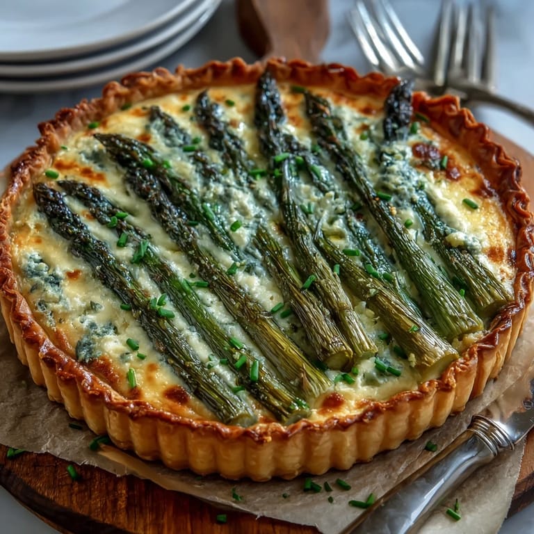 Elegant vegetarian tart featuring tender asparagus atop smooth ricotta filling, baked until golden and fragrant.  