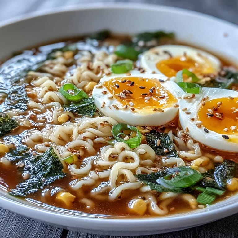 Rich and savory homemade miso ramen, featuring a fragrant broth infused with ginger and garlic, topped with nori strips and sesame seeds.