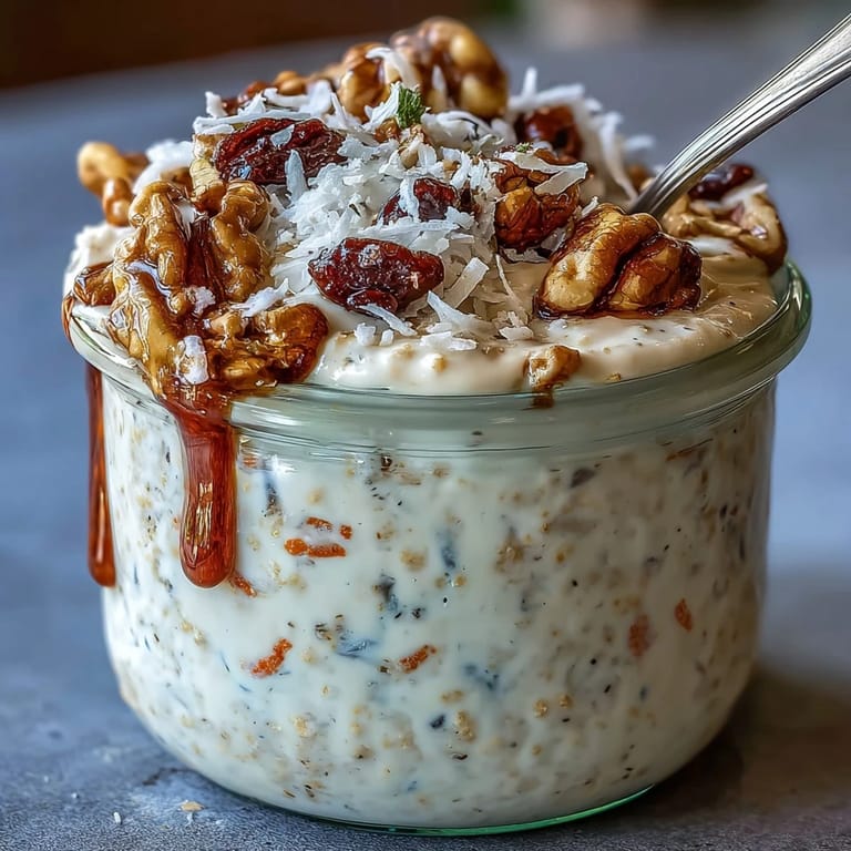A jar of carrot cake overnight oats with maple syrup drizzle and Greek yogurt topping, ready for breakfast.