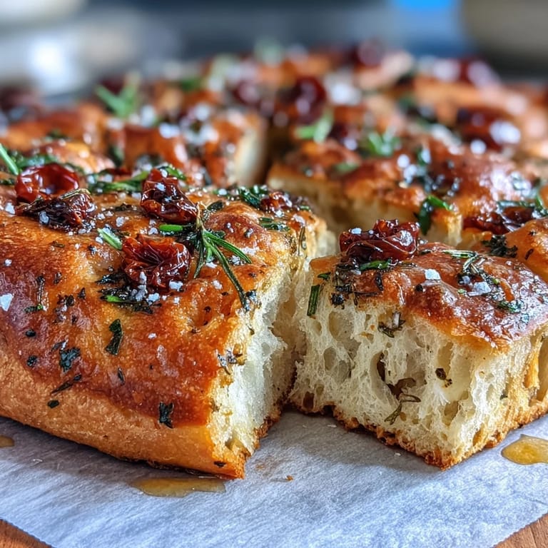 Homemade focaccia with juicy cherry tomatoes and aromatic spring herbs, ideal for sharing.