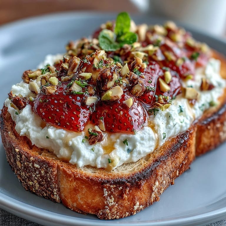 Creamy ricotta toast layered with strawberries, honey, and crunchy pistachios.