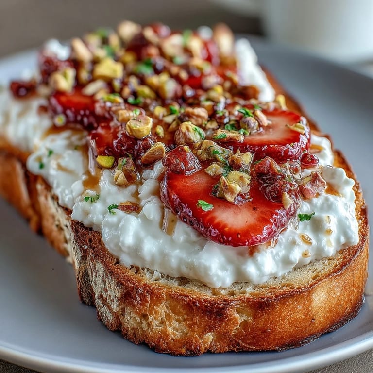 Golden toast topped with fresh strawberries, honey, and pistachios for a beautiful snack.