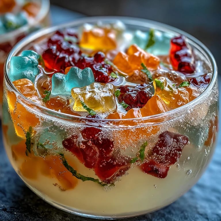 Refreshing, colorful Gummy Bear Lemonade Jelly Cups, nestled with assorted gummy bears.