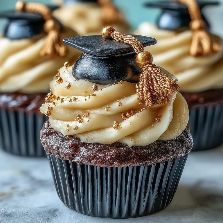 Celebrate with these sweet vanilla graduation cupcakes topped with edible black and gold caps.
