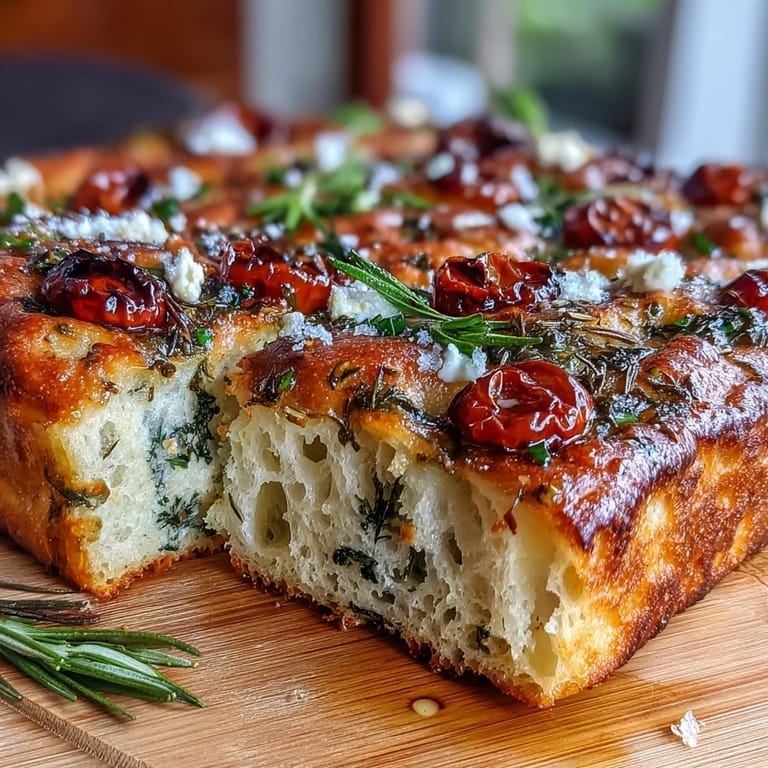 Golden focaccia bread with a medley of rosemary, thyme, chives, and basil, baked to perfection.  