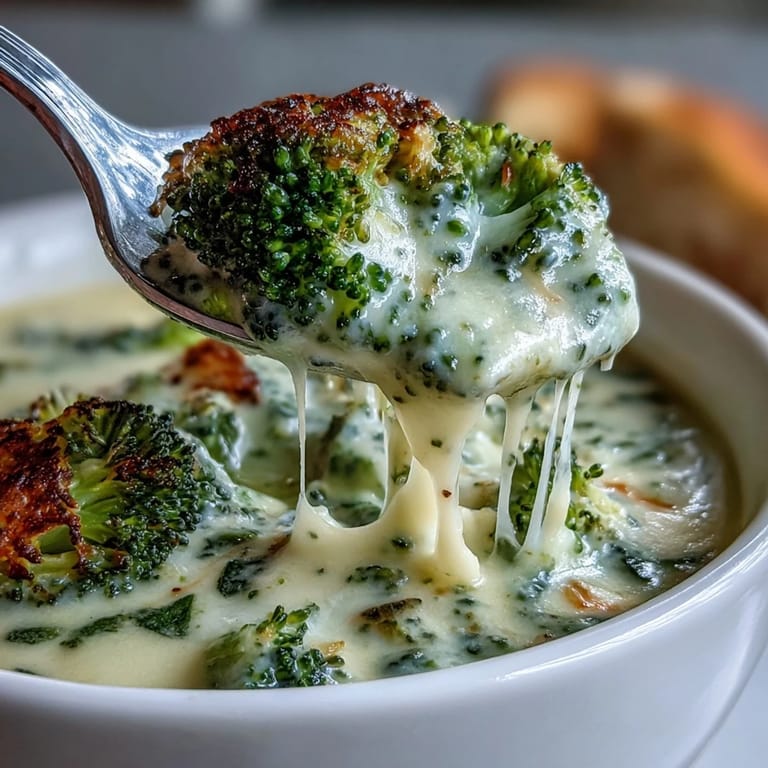 Velvety cheddar cheese soup with tender broccoli pieces, topped with melted cheese and served alongside a slice of rustic sourdough bread.