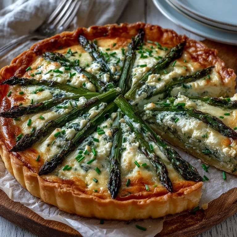 Light and fresh asparagus ricotta tart garnished with lemon zest and chives, perfect for spring brunch or lunch.