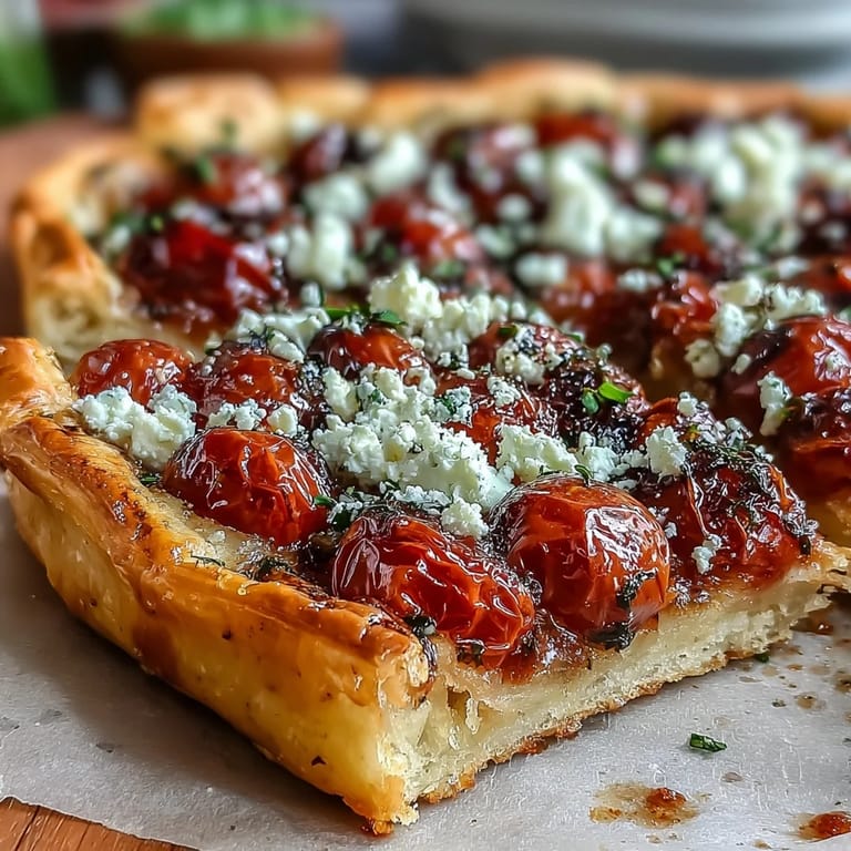 Savory vegetarian galette featuring sweet cherry tomatoes and crumbly feta, baked golden.