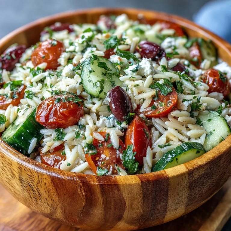 Vibrant Summer Orzo Salad featuring crumbled feta, crisp veggies, and a tangy lemon vinaigrette.