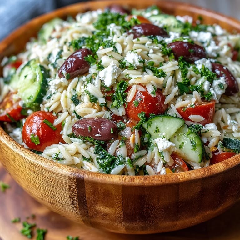 Generous bowl of Summer Orzo Salad, studded with feta, olives, and fresh herbs.