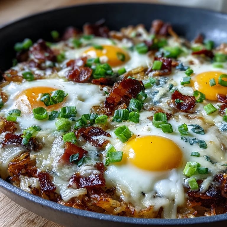 Hearty loaded hash brown skillet, a delicious brunch topped with fresh green onions.