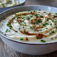 Creamy, velvety Cream of Potato Soup topped with chives and bacon, served hot from the pot.