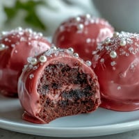 Freshly dipped Oreo Truffle Balls with Pink Candy Coating on a marble board, showcasing their glossy shell and sweet sprinkles.